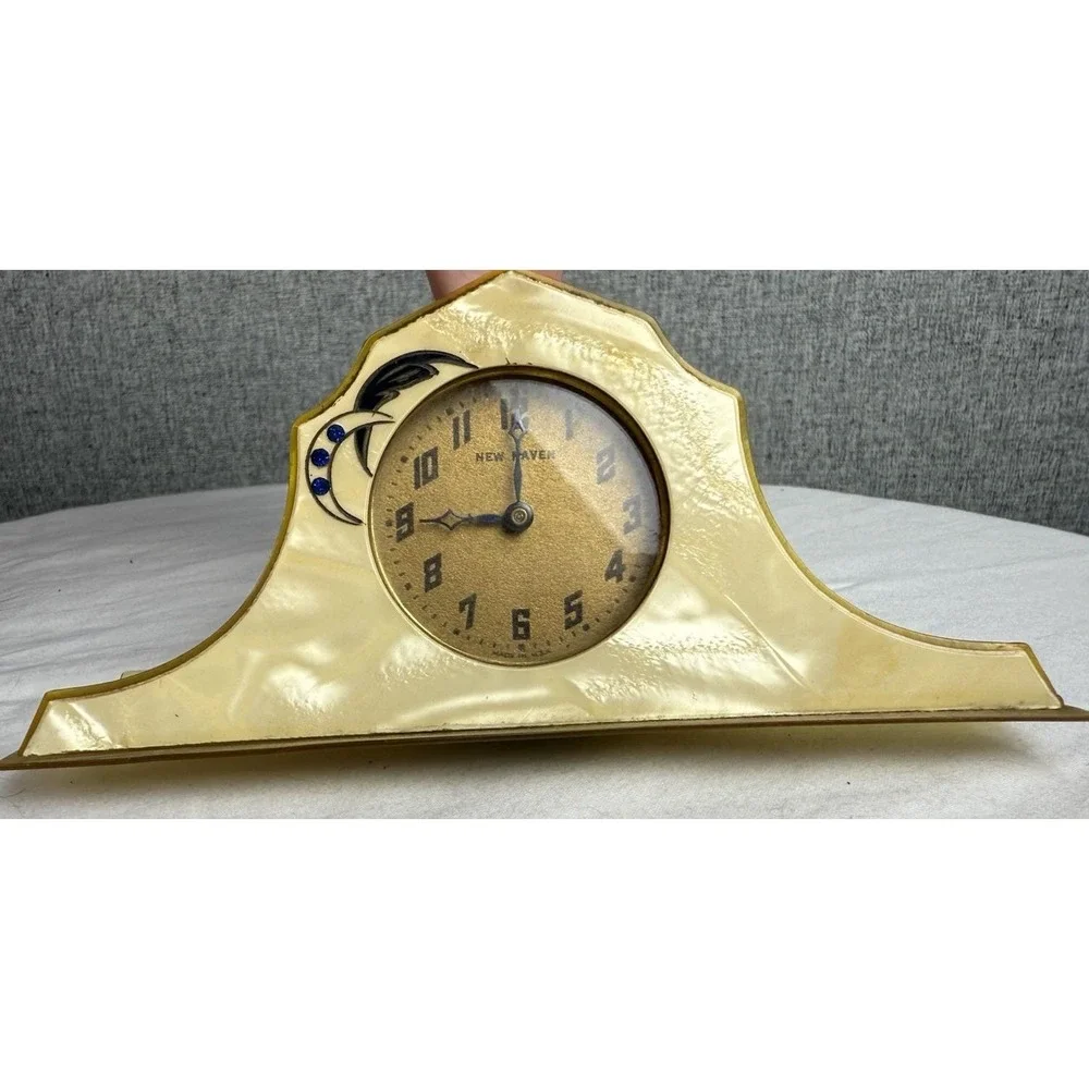 Antique New Haven Celluloid Art Deco Wind Up‎ Desk Clock Crescent Moon Jewels